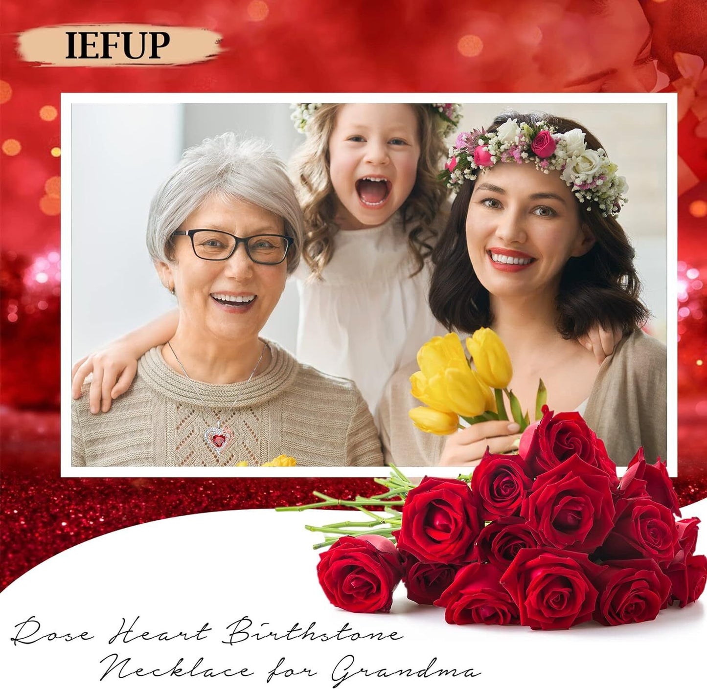 Gifts for Grandma Necklace - S925 Sterling Silver Rose Flower Birthstone Necklac