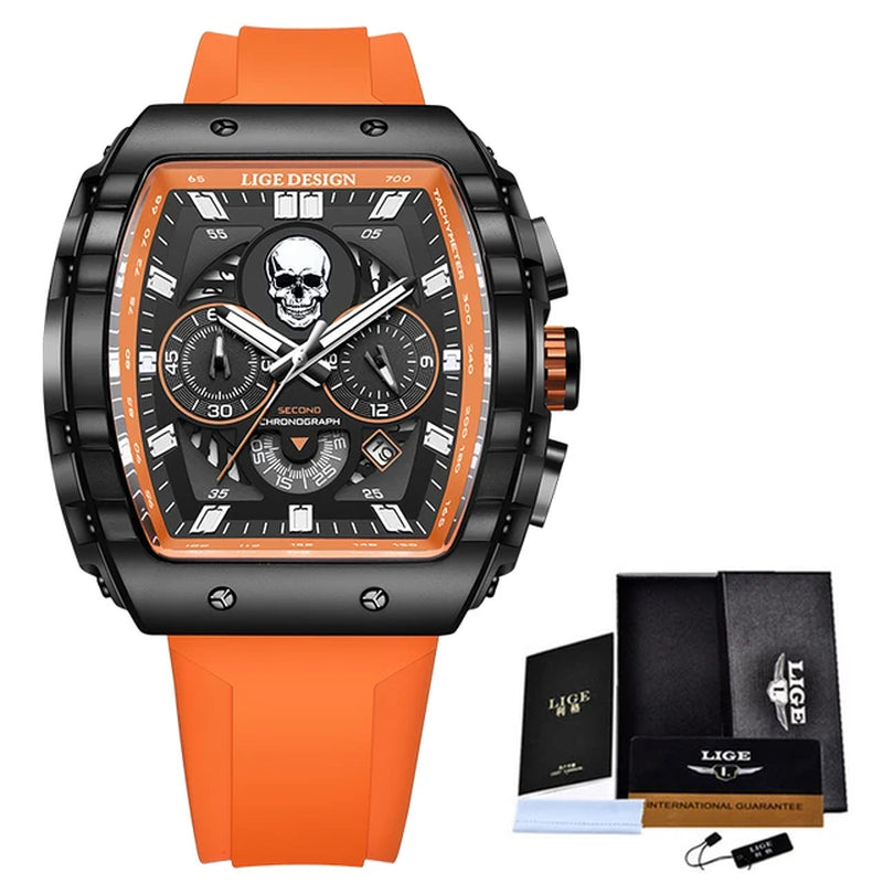LIGE Skeleton Skull Dial Sport Army Watches Mens Fashion Luxury Waterproof Quartz Watch Chronograph Montre Homme