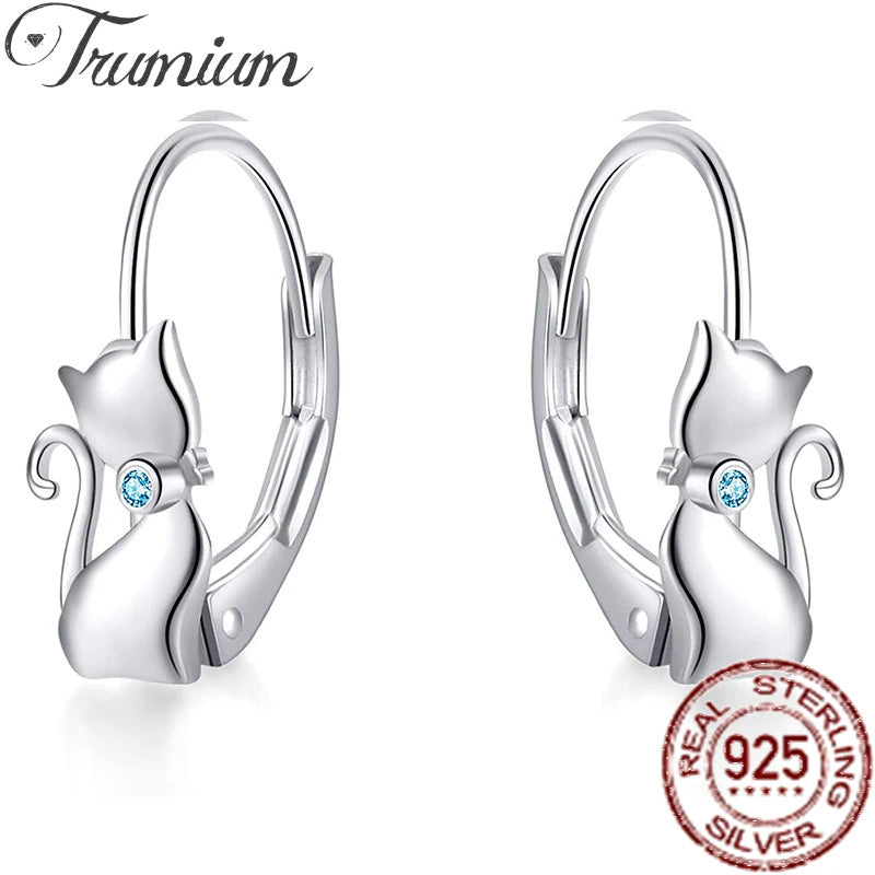 Trumium Authentic 925 Sterling Silver Long Tail Cat Hoop Earrings Colorful Zircon Wedding  Fashion Jewelry