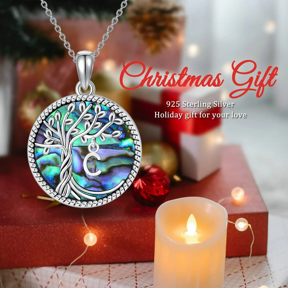 Christmas Gifts for Women S925 Sterling Silver with a Initial Letter Tree of Life Necklace Family Tree Pendant with Abalone Shell Jewelry Gifts for Her Wife Daughter Mom Birthday Anniversay