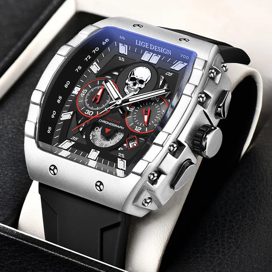 LIGE  Skeleton Skull Dial Sport Army Watches Mens Fashion Luxury Waterproof Quartz Watch Chronograph Montre Homme