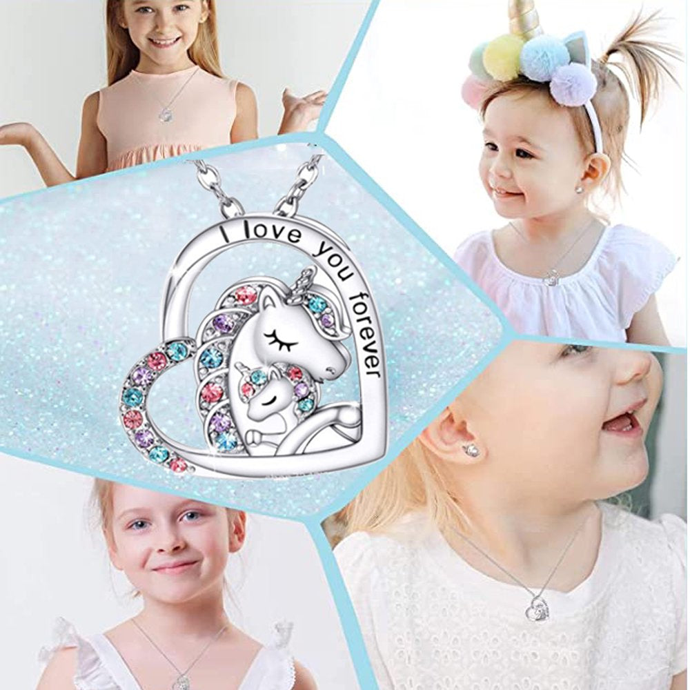 Unicorn Necklace for Girls Crystal Heart Necklaces Jewelry Birthday Christmas-I Love You Forever