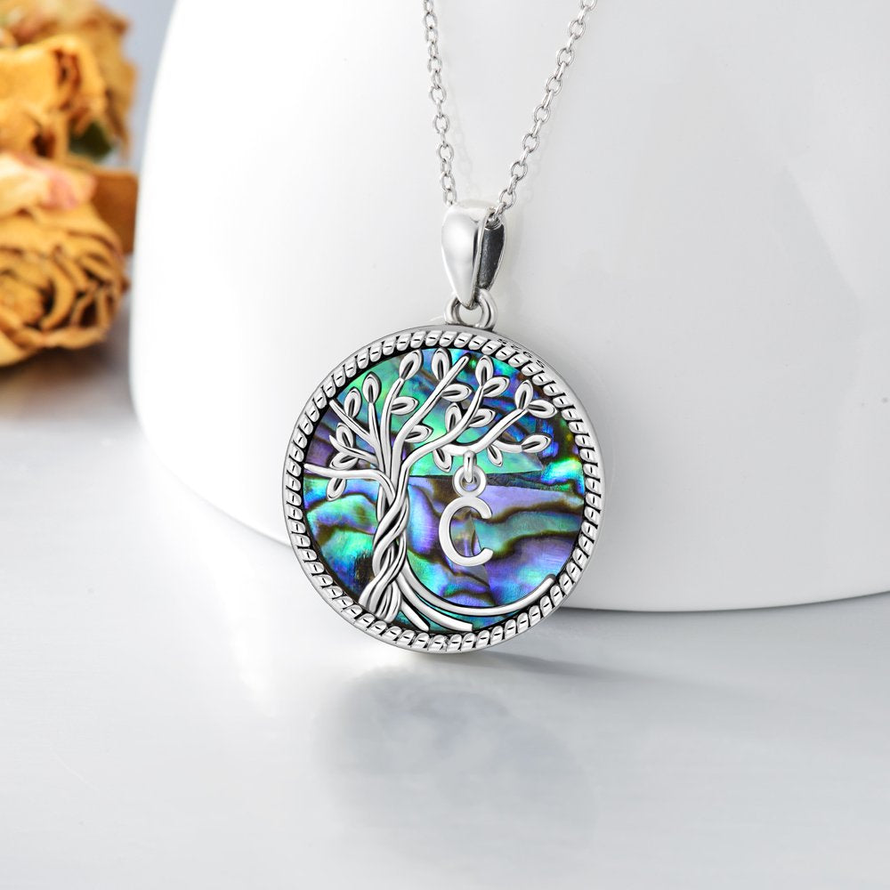 Christmas Gifts for Women S925 Sterling Silver with a Initial Letter Tree of Life Necklace Family Tree Pendant with Abalone Shell Jewelry Gifts for Her Wife Daughter Mom Birthday Anniversay