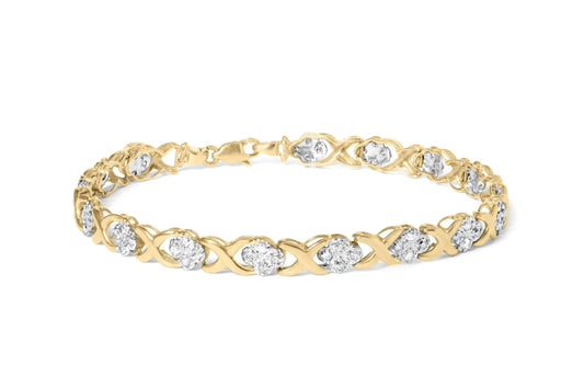 10K Yellow Gold 1.00 Cttw Diamond Cluster X Link Tennis Link 7.50" Bracelet  (I-J Color, I2-I3 Clarity)