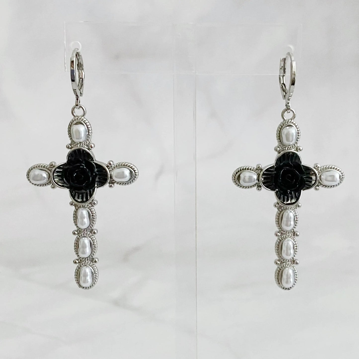 Black Rose Cross Earrings