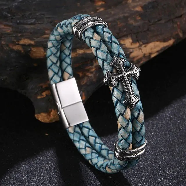 Luxury Multicolor Cross Design Stainless Steel Leather Bangle Bracelet