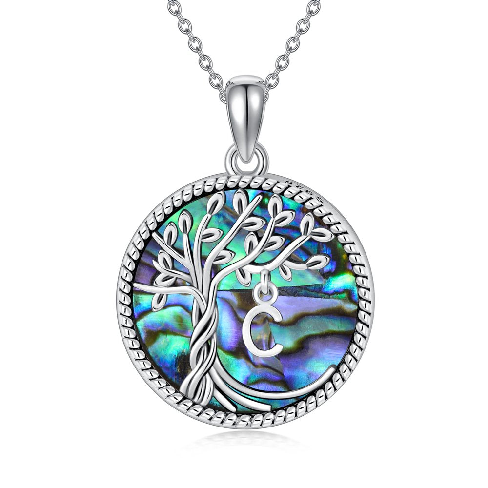 Christmas Gifts for Women S925 Sterling Silver with a Initial Letter Tree of Life Necklace Family Tree Pendant with Abalone Shell Jewelry Gifts for Her Wife Daughter Mom Birthday Anniversay