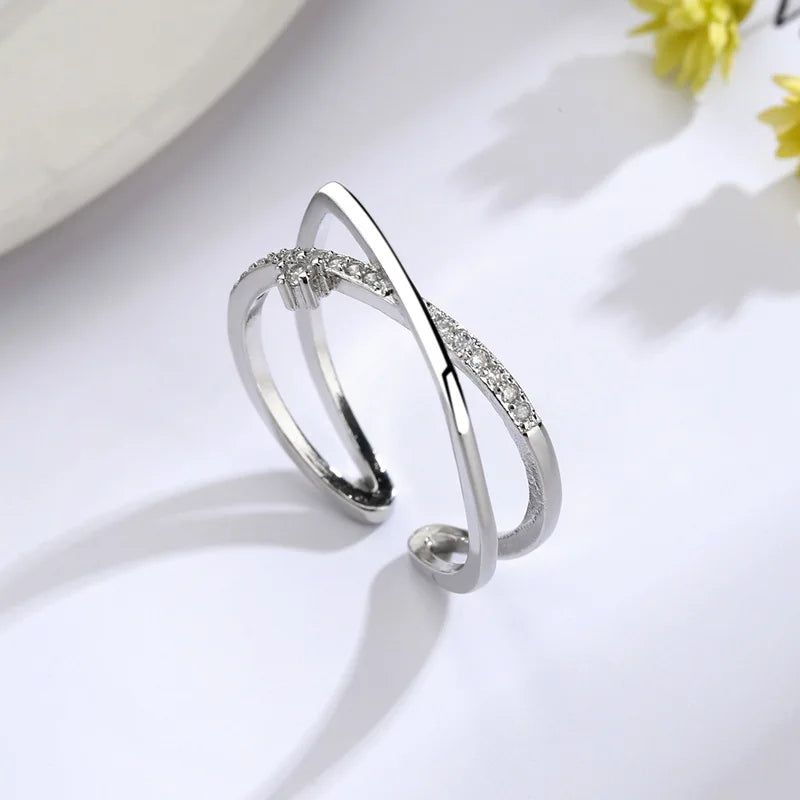 Korean Zircon Ring Personality Cross Open Adjustable Finger Rings for Women Fashion Silver Color Jewelry Accessories Party Gift