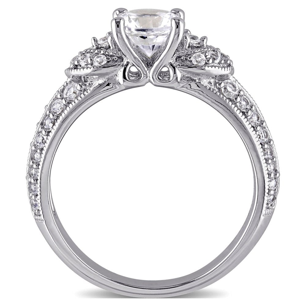 Women'S Engagement Anniversary Bridal 1 5/8 CT T.G.W. Round-Cut Created White Sapphire Sterling Silver Engagement Ring with Pave Setting and Milgrain Detail