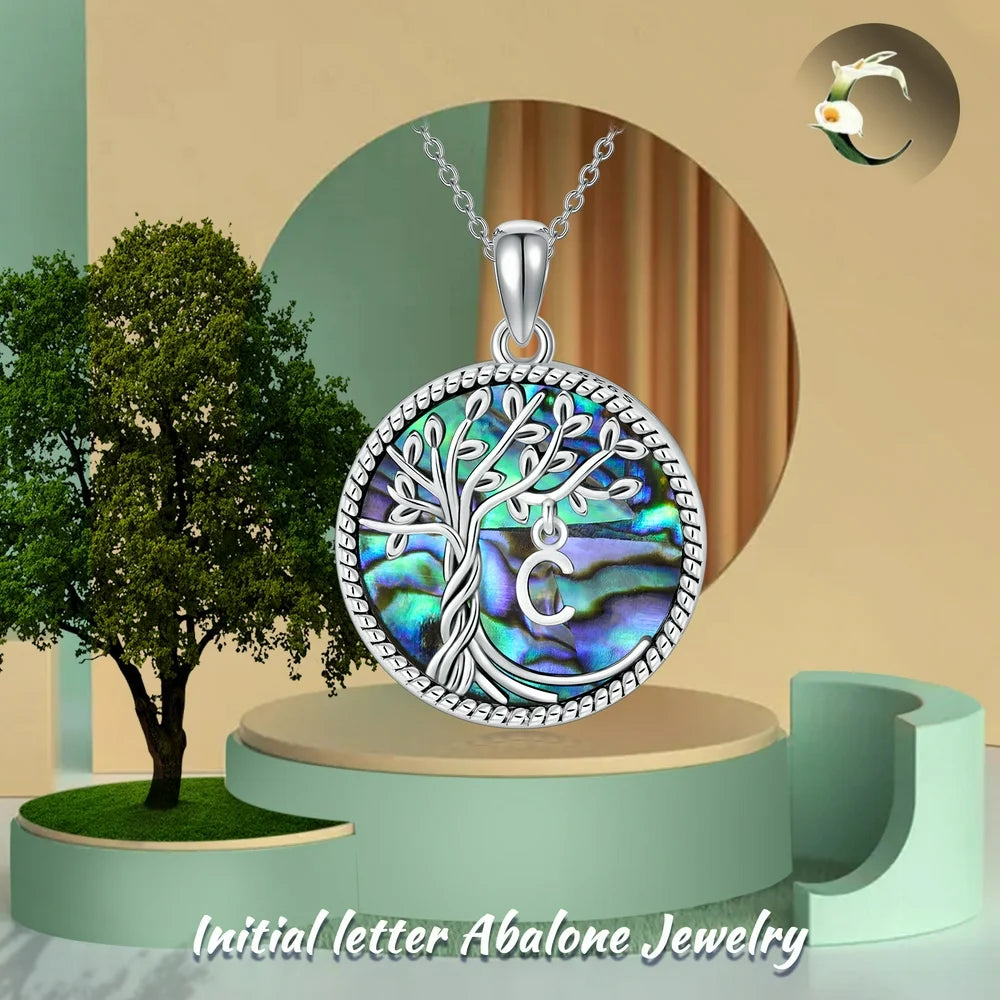 Christmas Gifts for Women S925 Sterling Silver with a Initial Letter Tree of Life Necklace Family Tree Pendant with Abalone Shell Jewelry Gifts for Her Wife Daughter Mom Birthday Anniversay