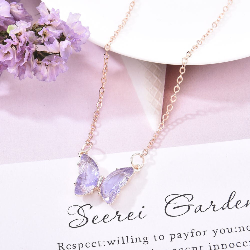 New Korean Super Fairy for Girls Women Fantasy Glass Crystal Butterfly Pendant Necklace Clavicle Chain Popular Necklaces Gift