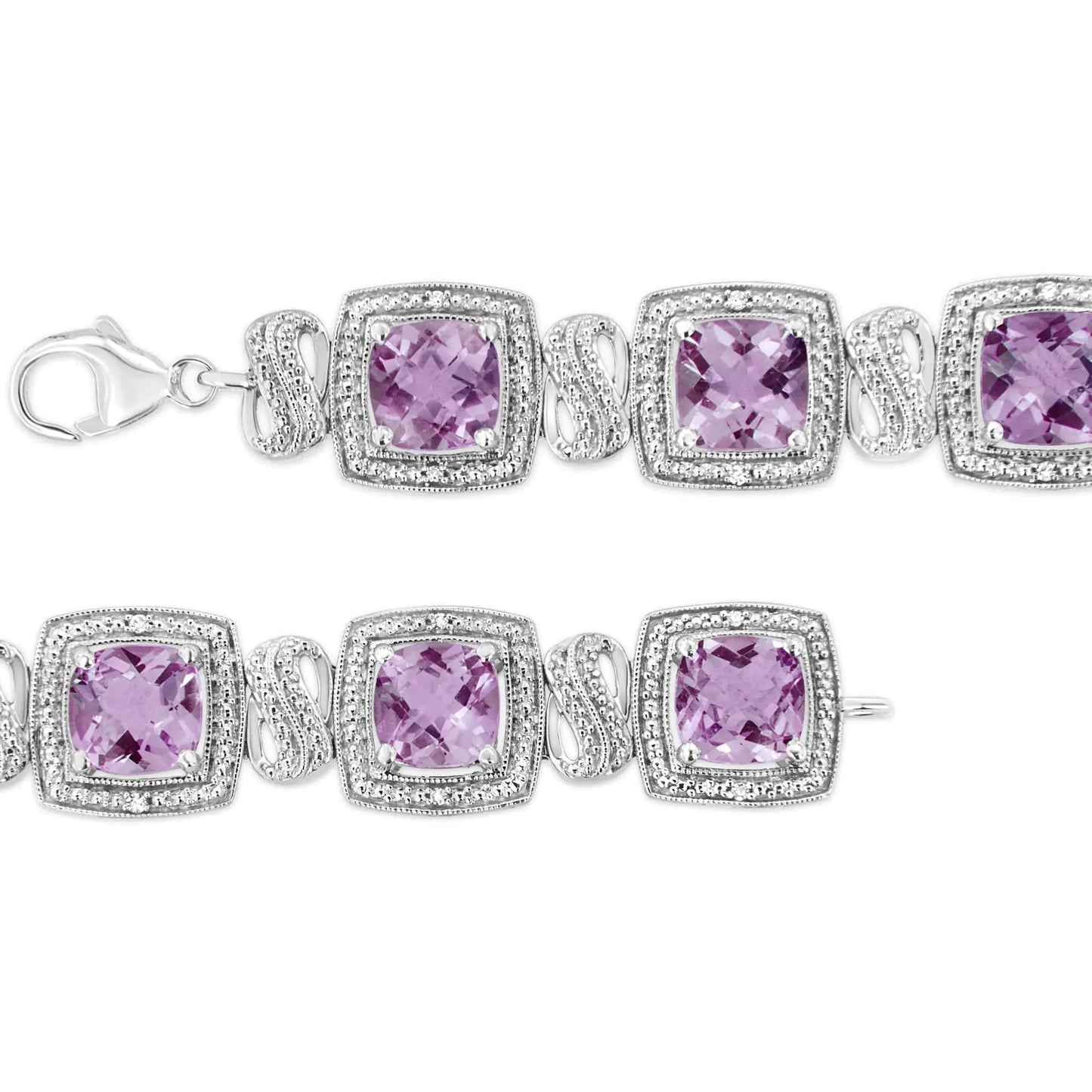 .925 Sterling Silver 7x7 mm Cushion Cut Purple Amethyst and 1/10 cttw Round Cut Diamond Square Shape Tennis Bracelet (I-J Color, I1-I2 Clarity) - 7"