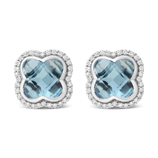 18K White Gold 3/8 Cttw Diamond and 11x11mm Clover-Cut London Blue Topaz Gemstone Halo Clover Stud Earrings (G-H Color, SI1-SI2 Clarity)